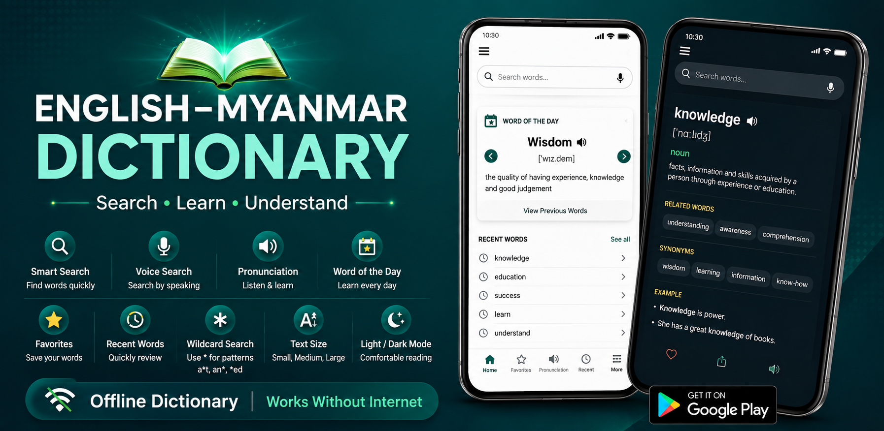 English–Myanmar Dictionary app feature overview
